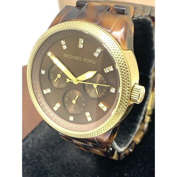 Michael Kors Women's Watch MK5038 Ritz Quartz Acrylic Tortoiseshell Brown Gold - Picture 1 of 15